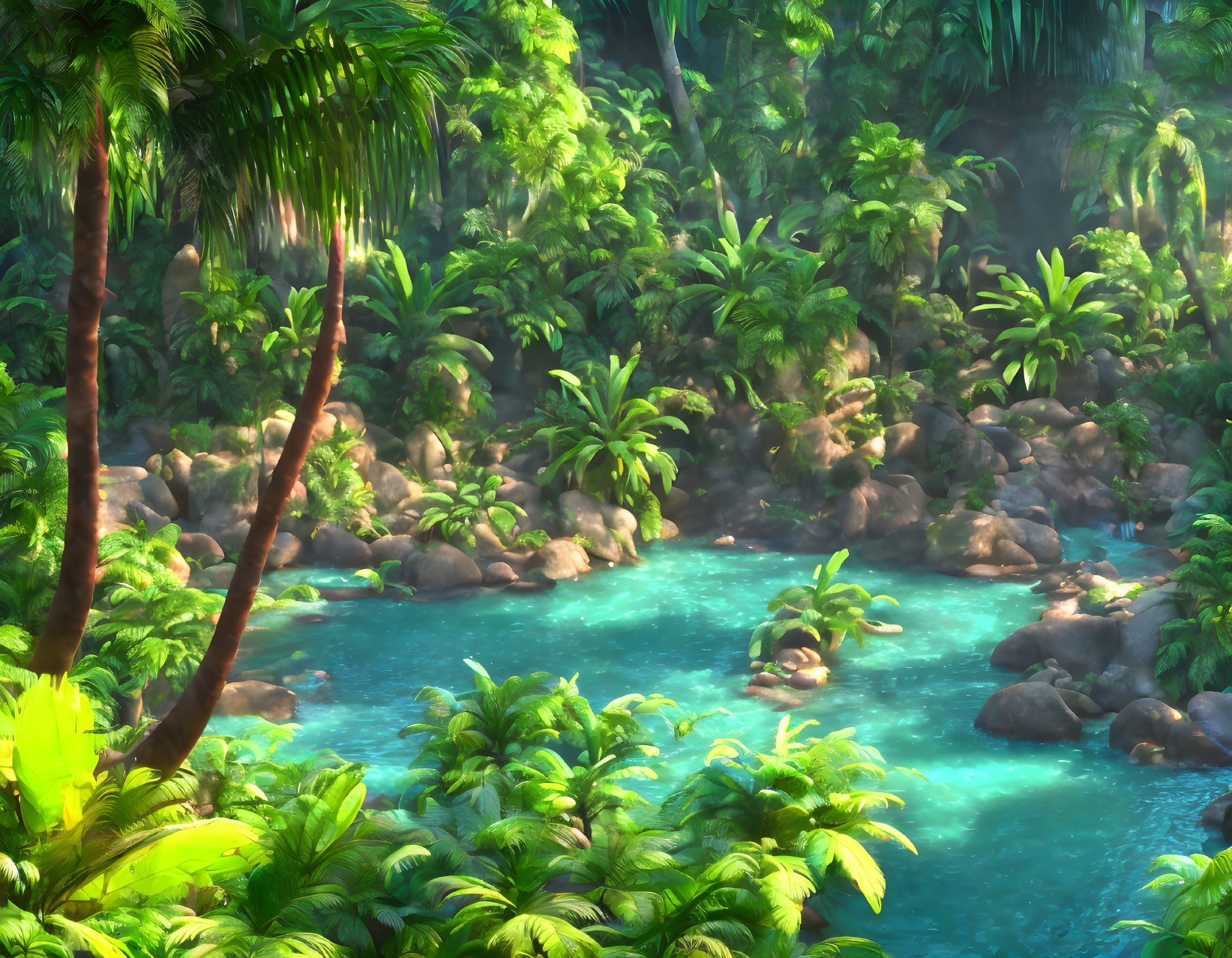 Tranquil Tropical Forest Scene with Stream and Sunlight