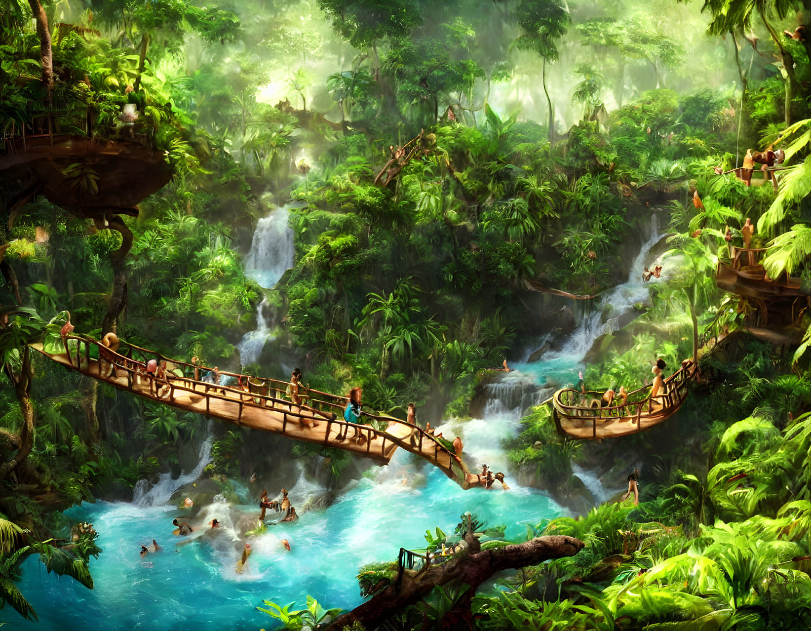 Tropical jungle scene with wooden bridges, waterfalls, and swimmers