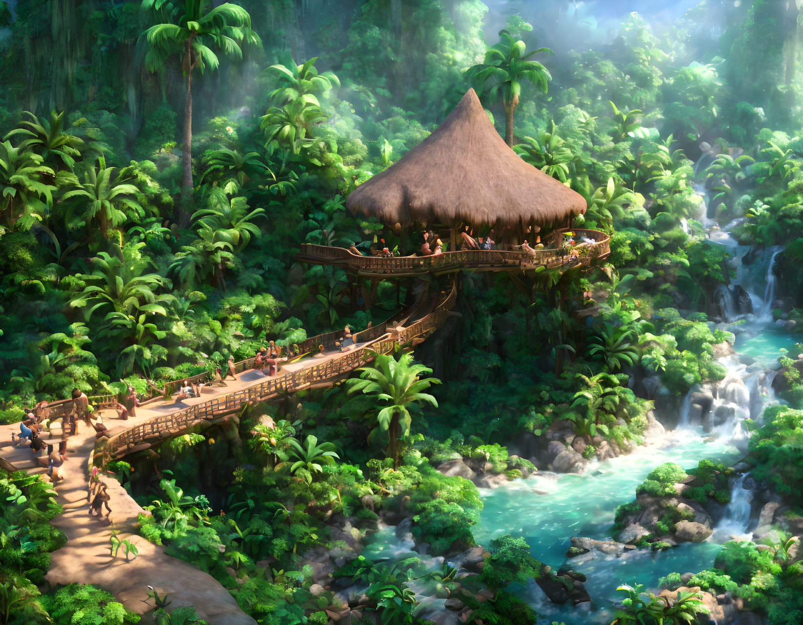 Tropical jungle scene with thatched hut, wooden platform, river, and waterfalls.