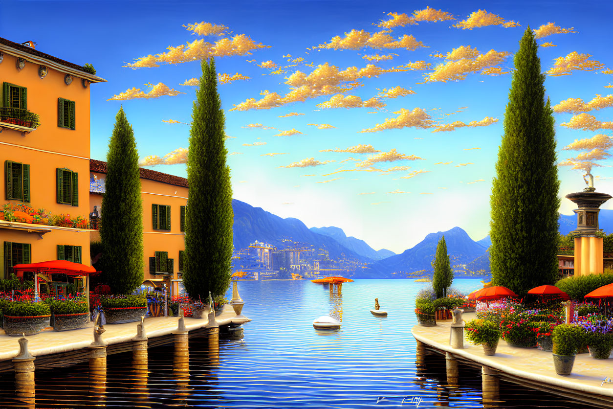 Scenic lakeside view with elegant houses, cypress trees, mountains, boats, and golden sky