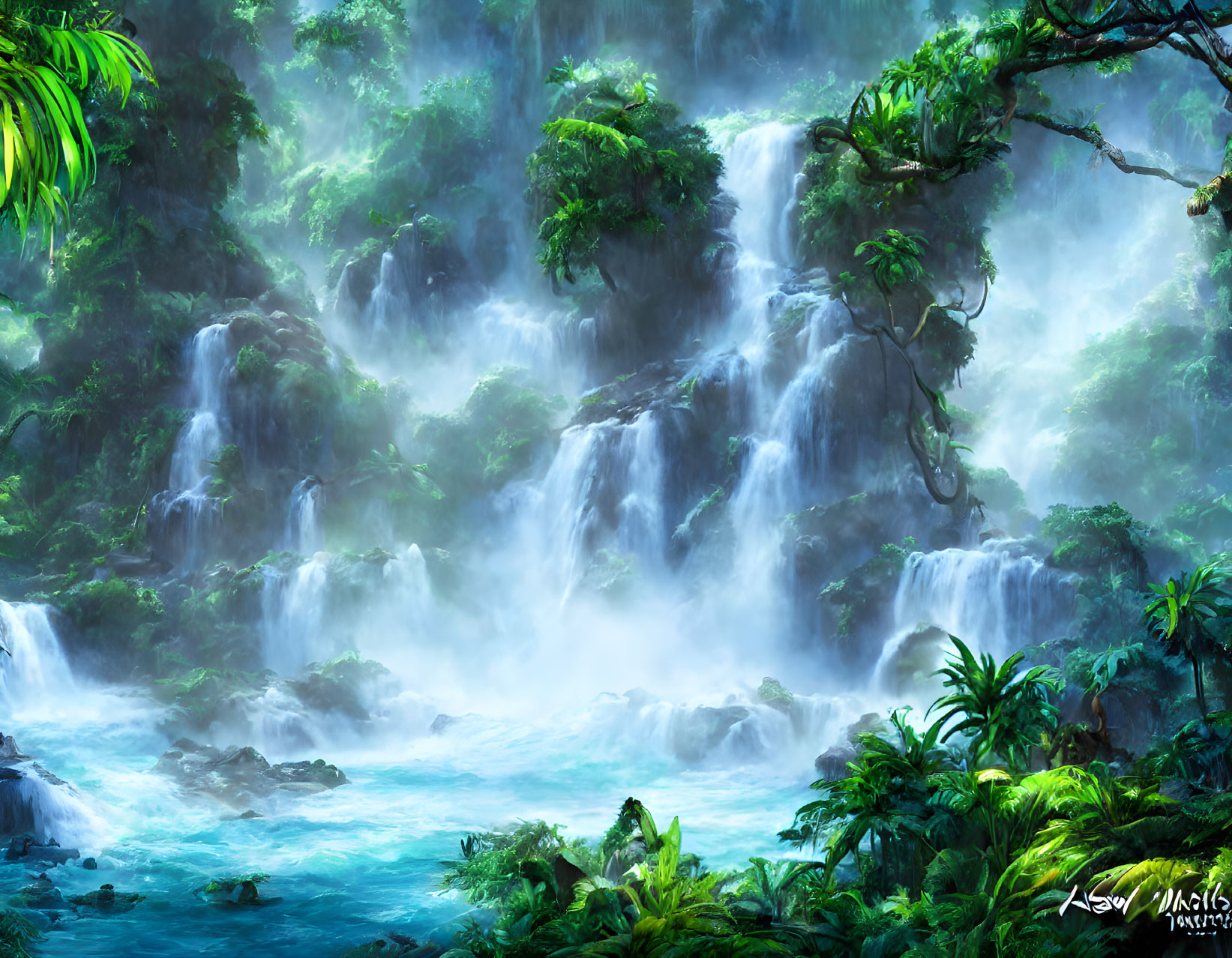 Tropical forest with waterfalls, mist, vibrant vegetation