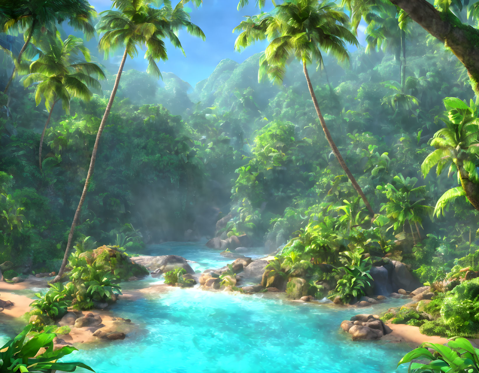 Tranquil Tropical Paradise with Palm Trees, Stream, and Sandy Shore