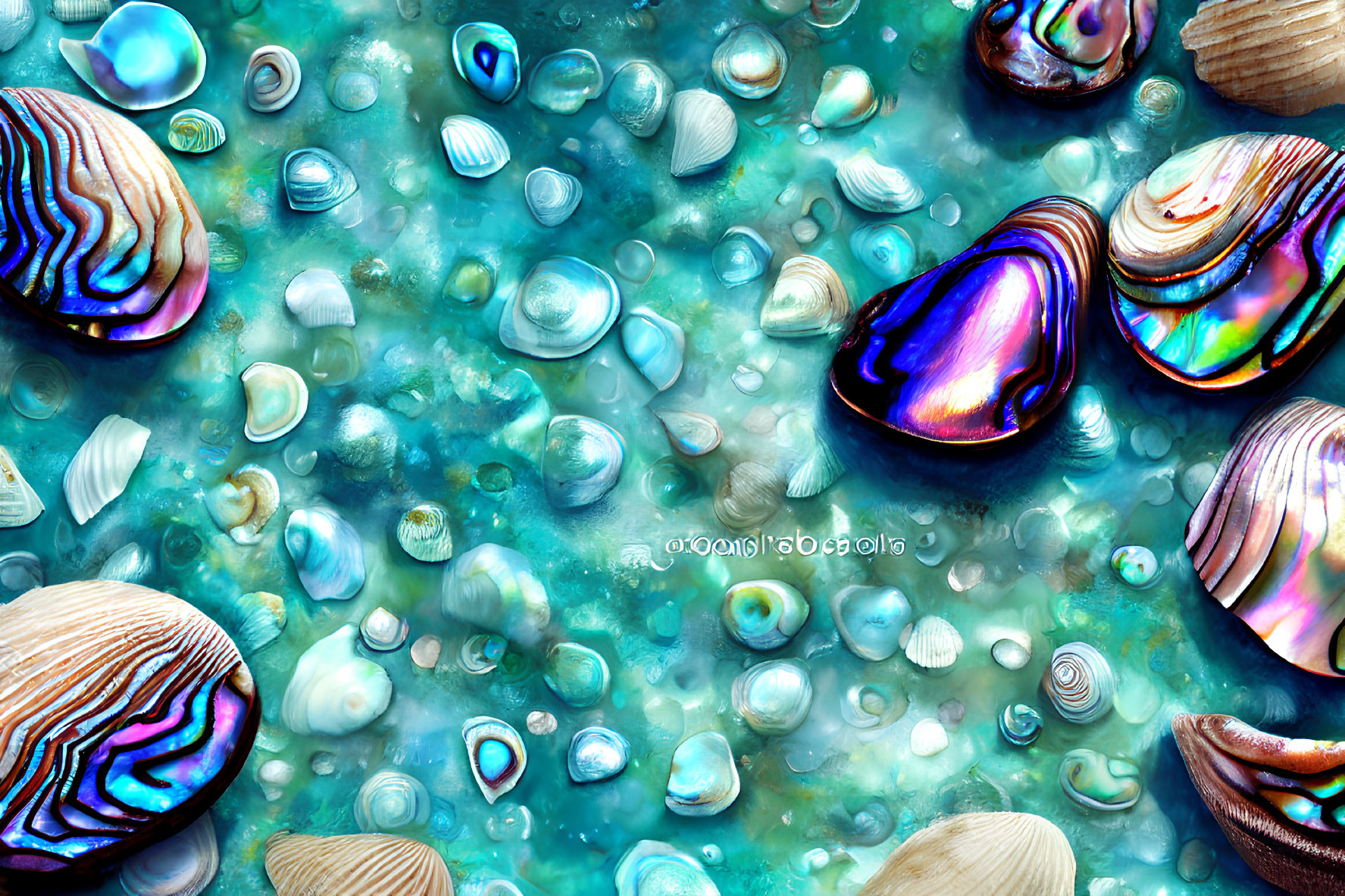 Assorted iridescent seashells on blue underwater background