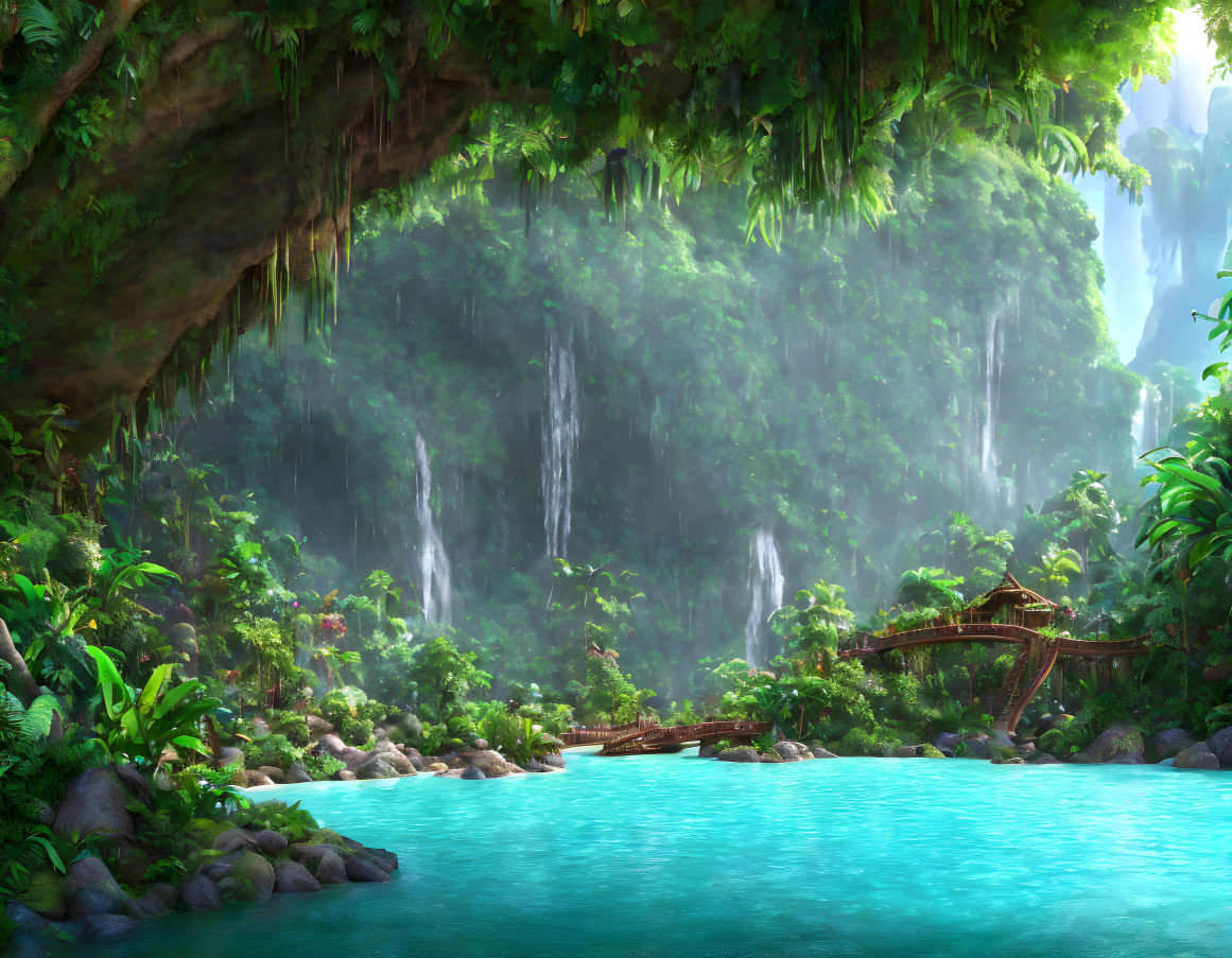 Serene Blue Lagoon with Waterfalls and Greenery in Misty Jungle