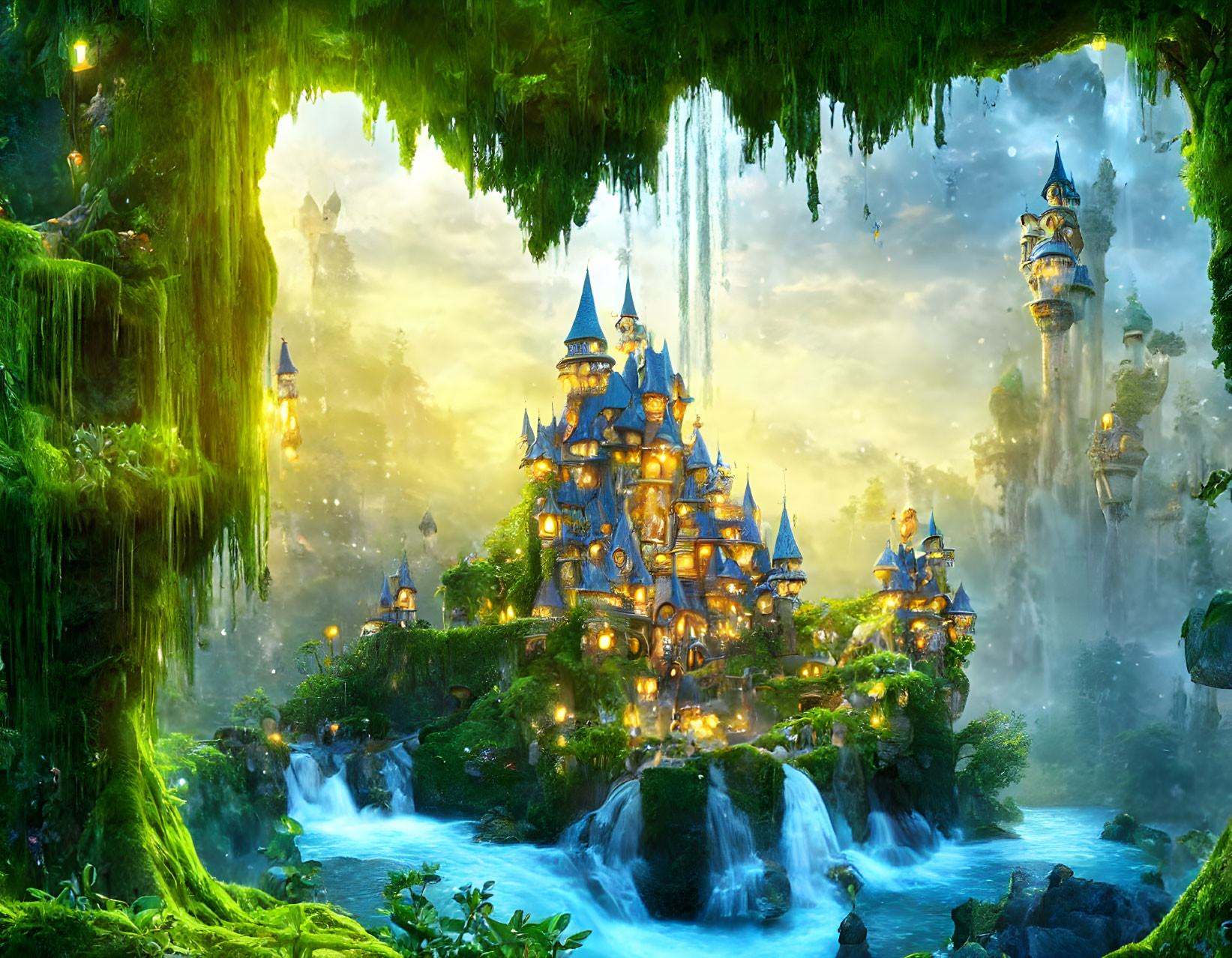 Fantasy castle in lush forest with waterfalls and glowing lights