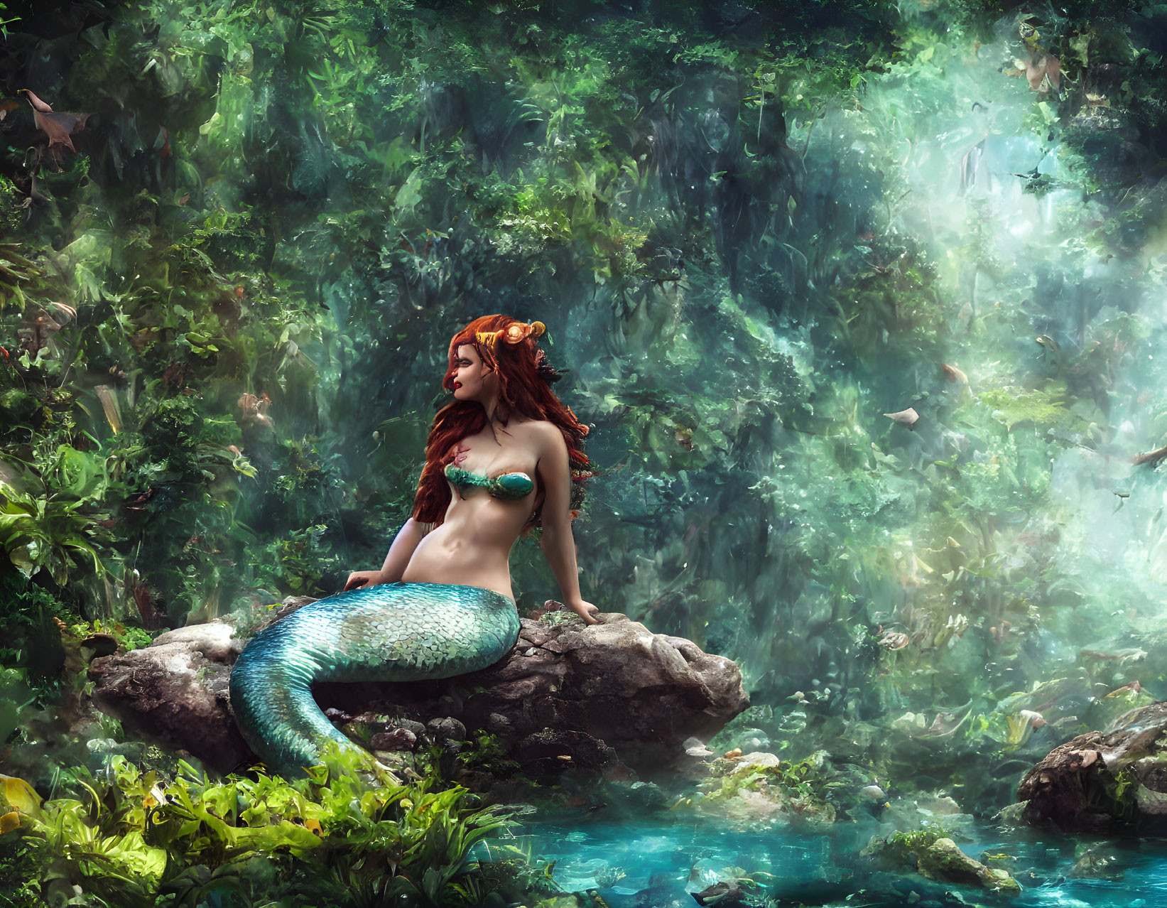 Red-haired mermaid on rock in mystical forest with green tail