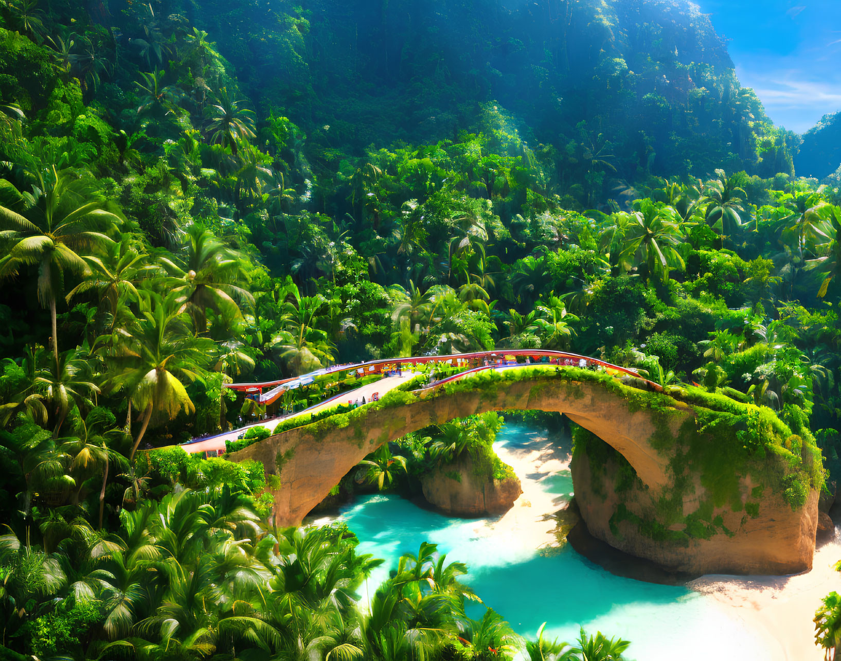 Colorful Train Crossing Stone Arch Bridge over Turquoise River