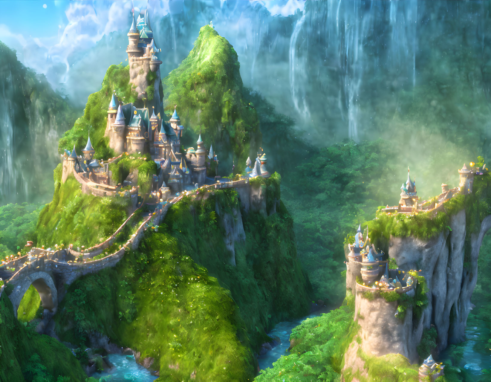 Majestic castle on green cliffs with waterfalls and stone bridge