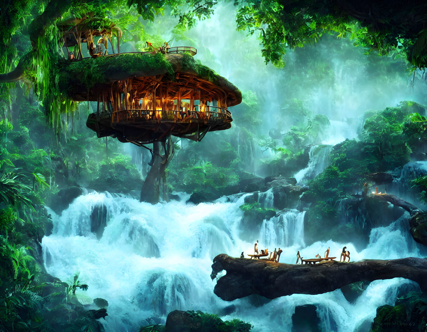 Treehouse above waterfall in lush forest with small figures and glowing lights