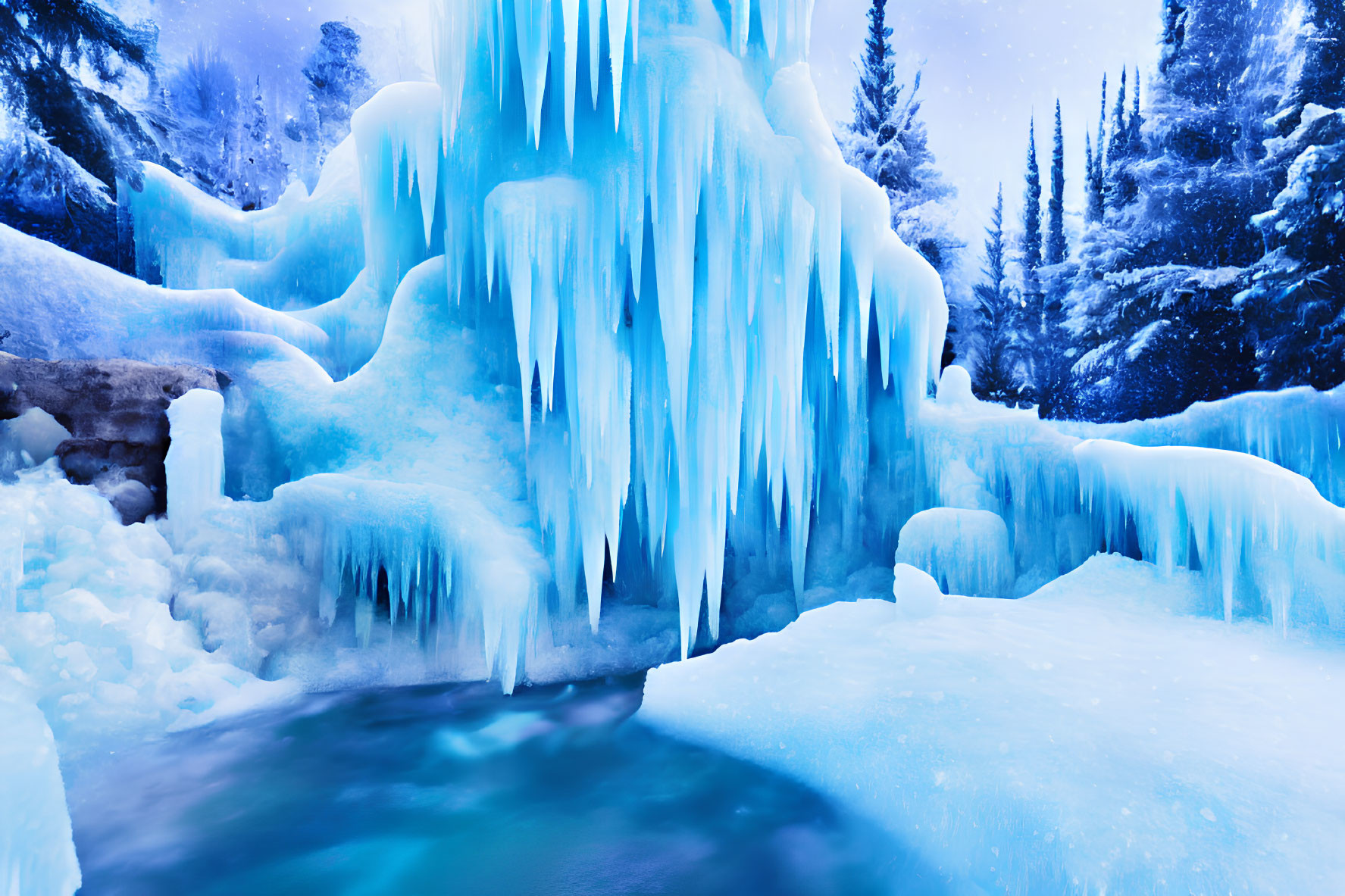 Frozen Waterfall with Icicles and Snow-Covered Trees in Blue Sky