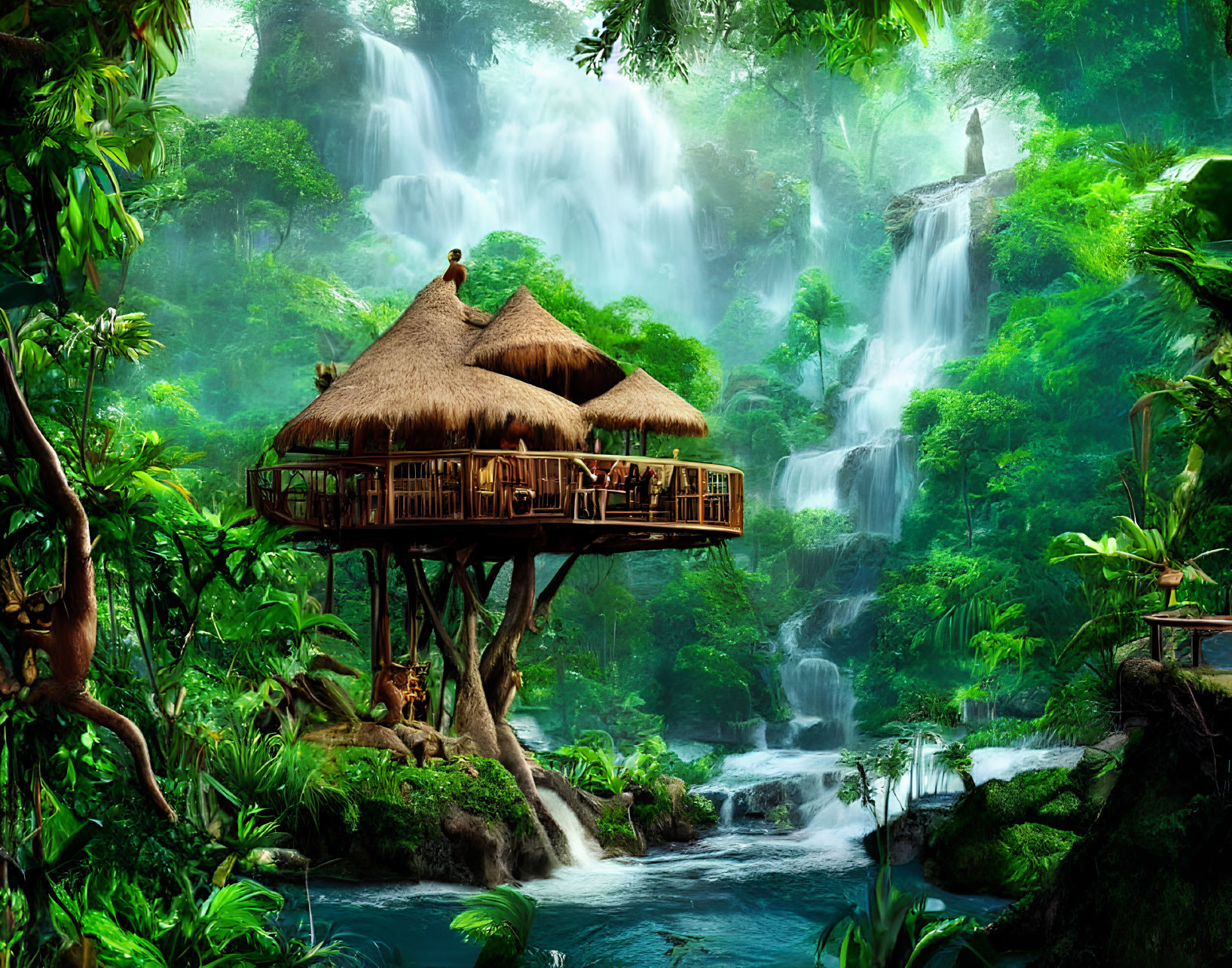 Tranquil jungle landscape with treehouse and waterfalls