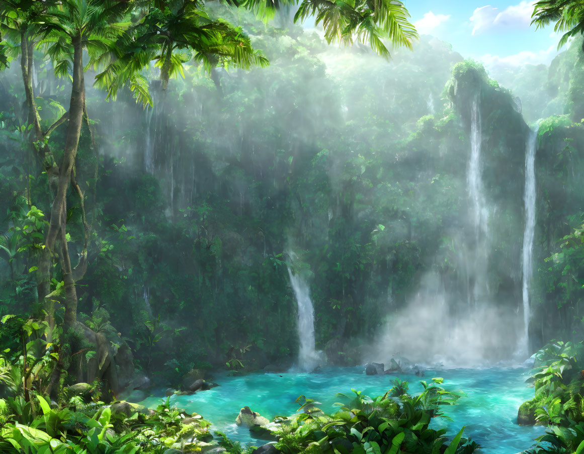 Tropical forest with cascading waterfall and turquoise pool