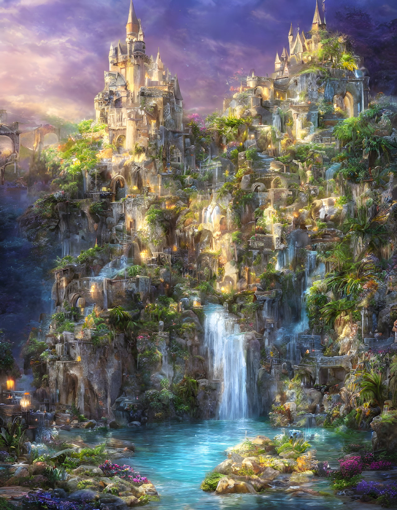 Majestic castle on waterfall with lush greenery & glowing lights