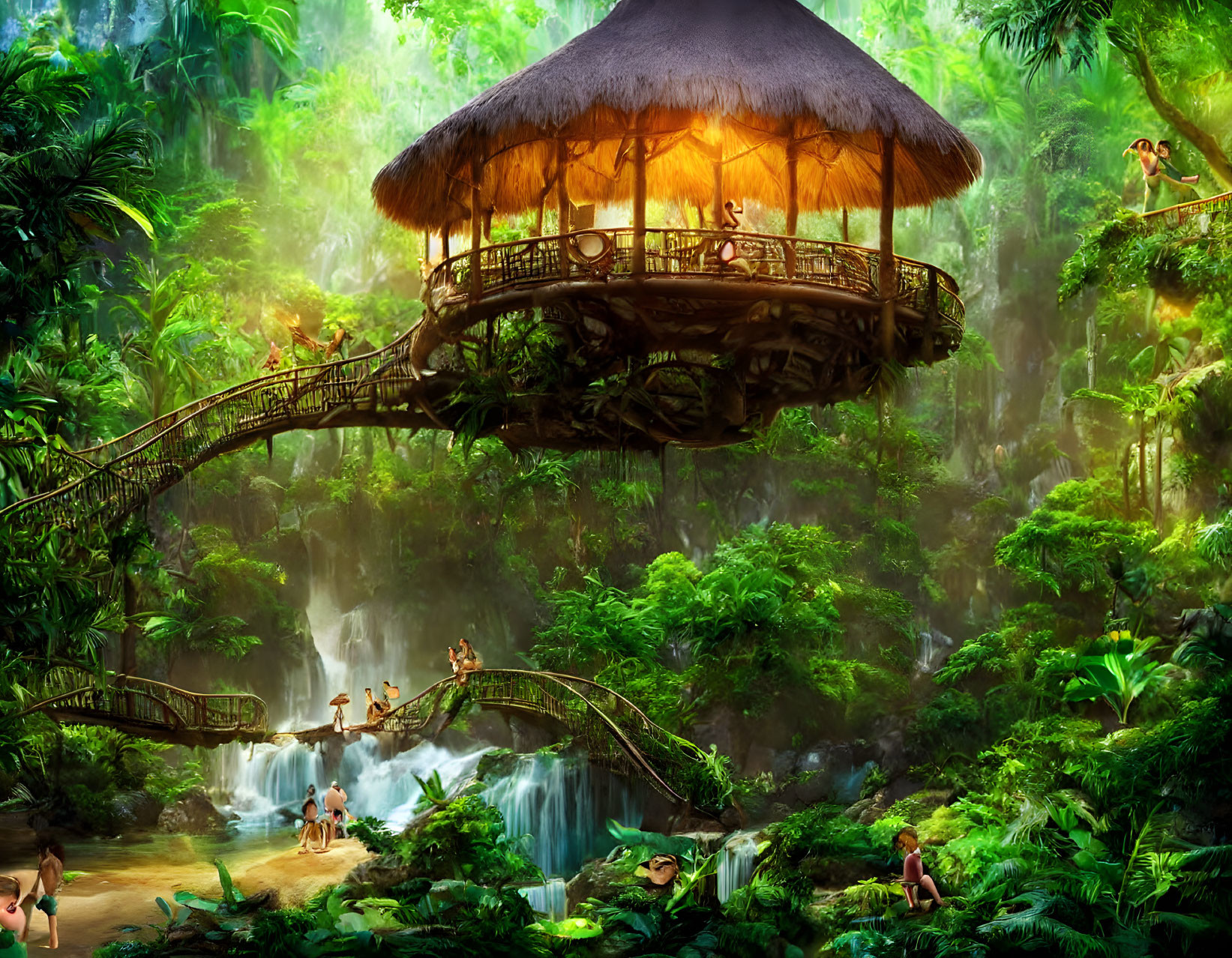 Tropical jungle scene with straw-roofed hut, waterfalls, and vibrant greenery