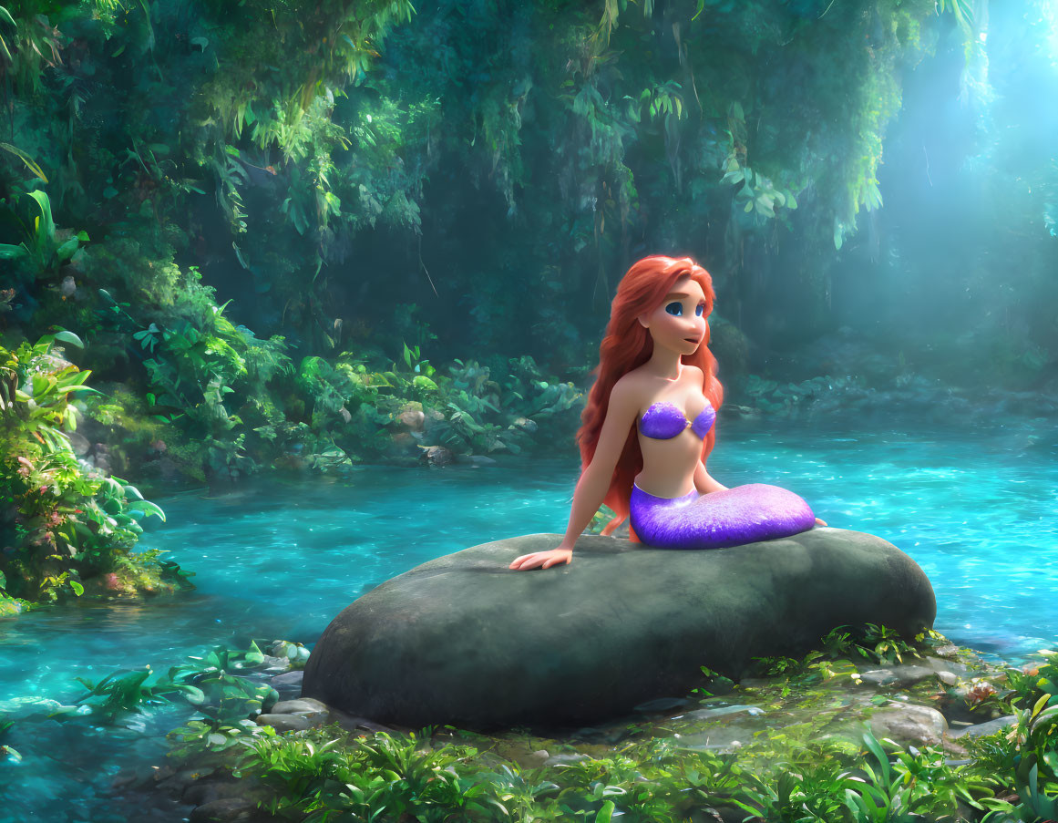 Red-haired mermaid on rock in serene forest stream surrounded by lush greenery