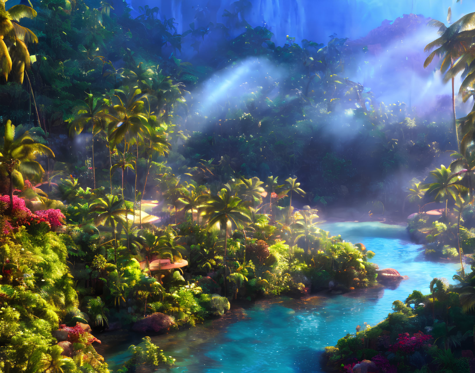 Lush Green Jungle with River, Waterfalls, and Sunlight