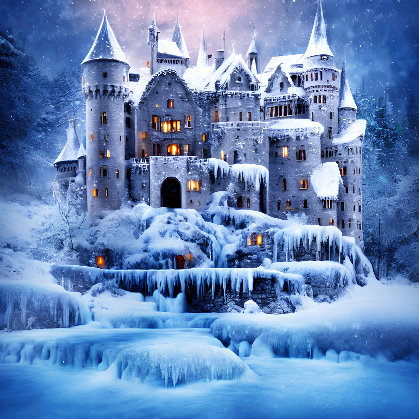 Snow-covered castle in icy landscape with glowing windows