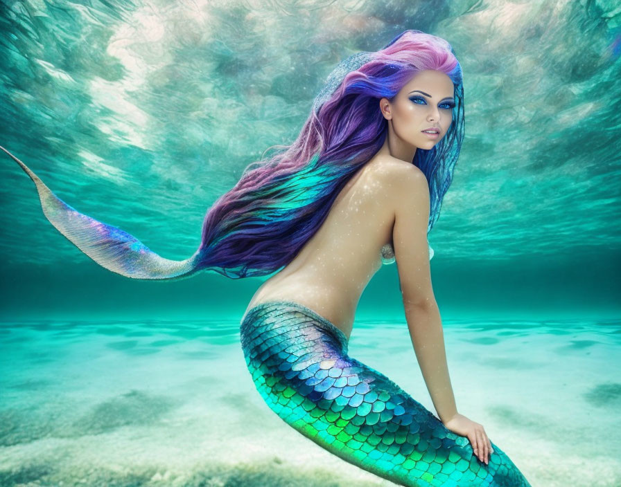 Colorful Mermaid with Purple Hair and Green Tail Underwater