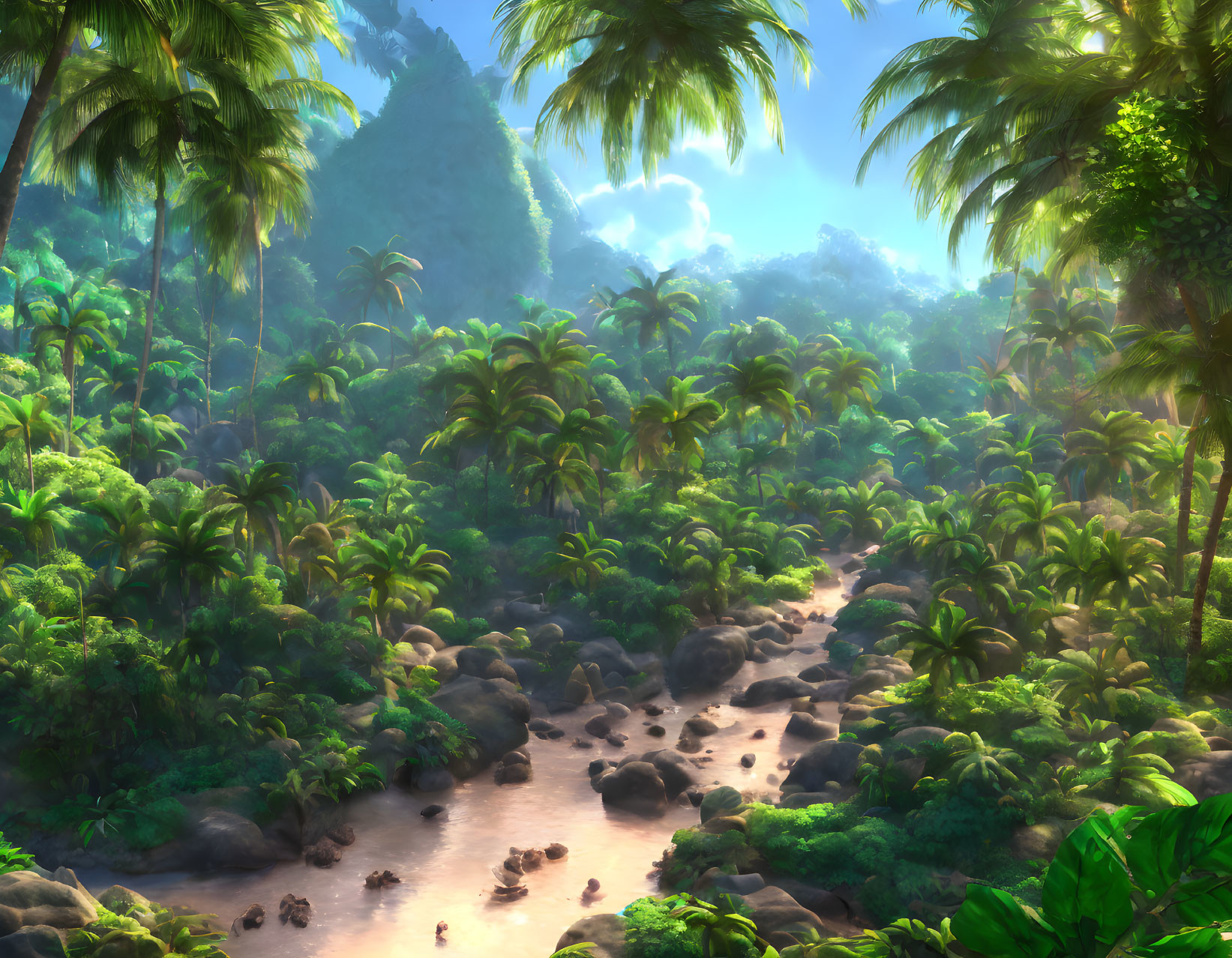 Lush Tropical Rainforest with Meandering River and Palm Trees