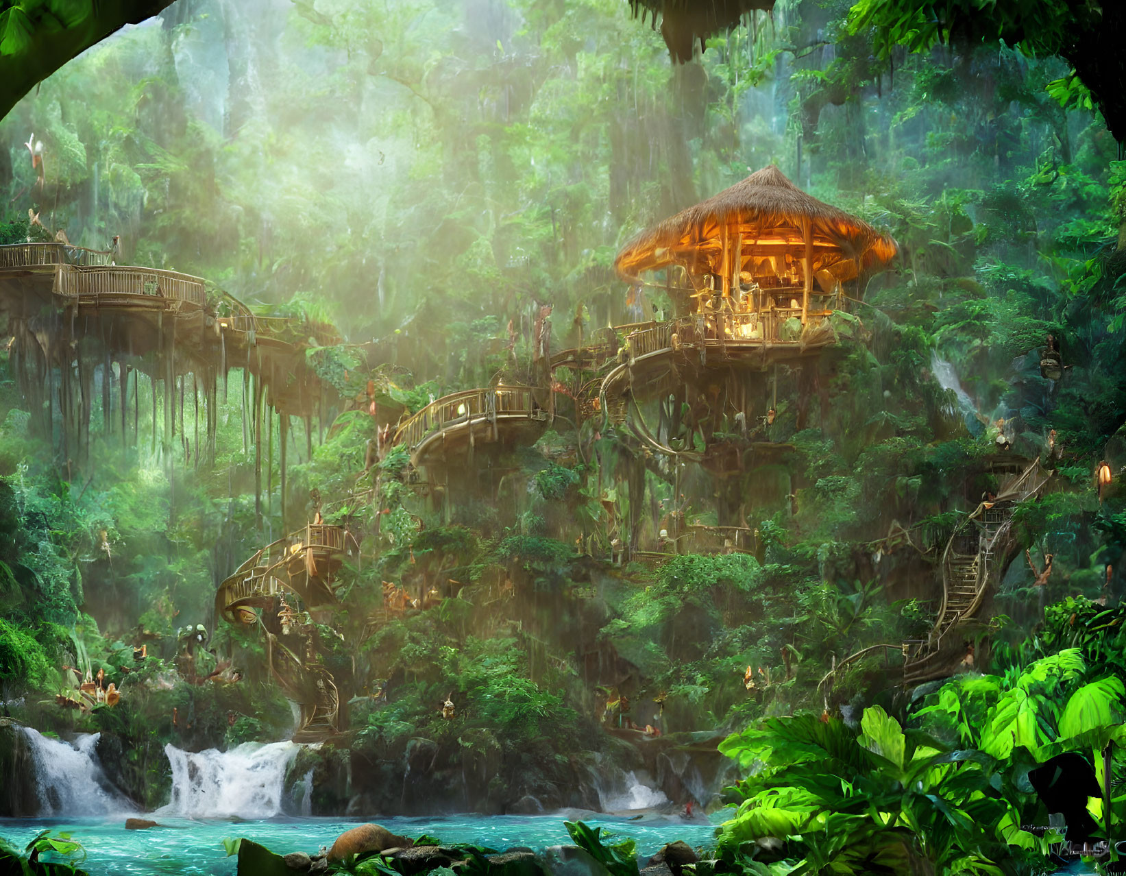 Elaborate treehouse in fantastical jungle setting