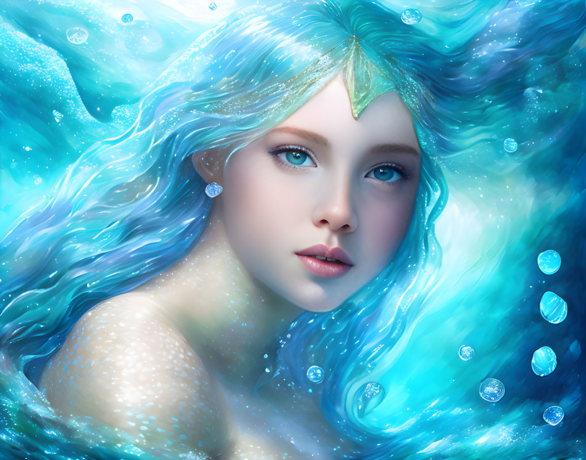 Mermaid Fantasy Portrait with Blue Hair and Starfish Decoration