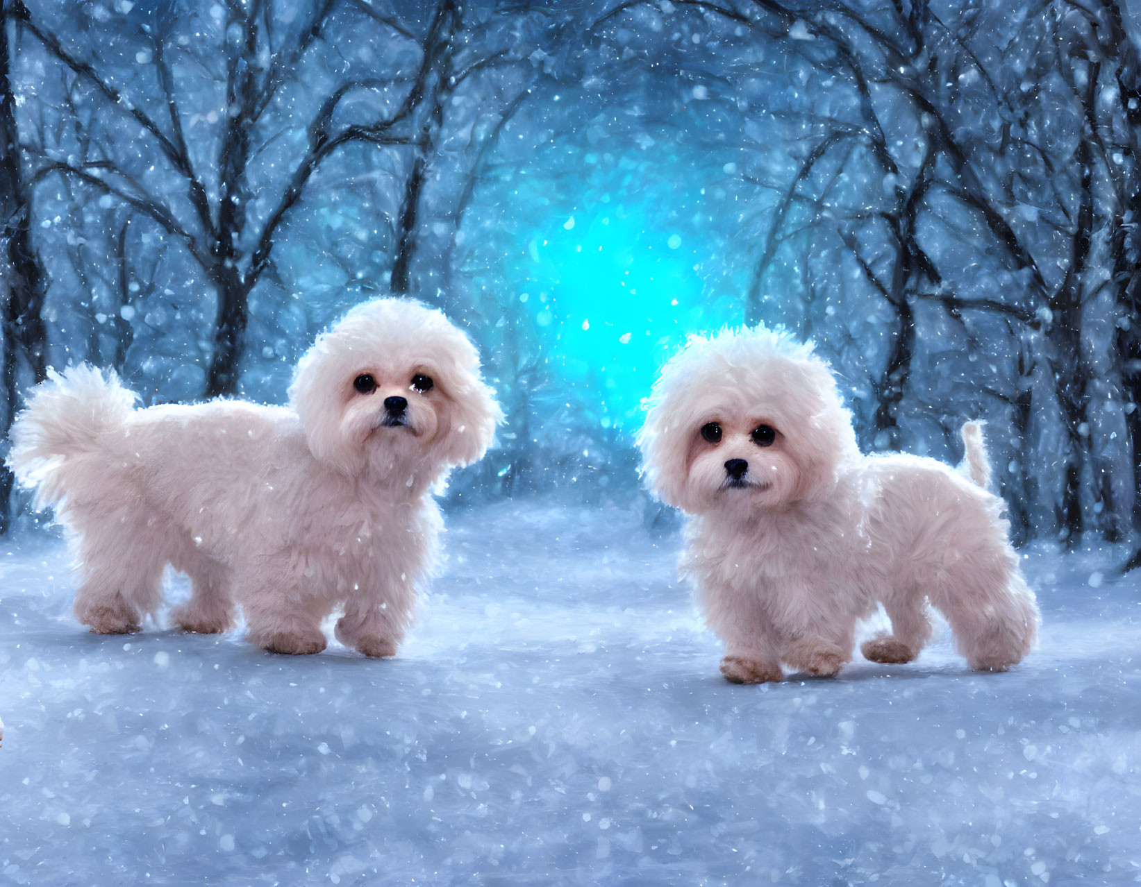 Fluffy White Dogs in Snowy Forest with Falling Snowflakes