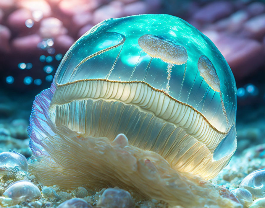 Translucent jellyfish with golden spots on seabed with bubbles