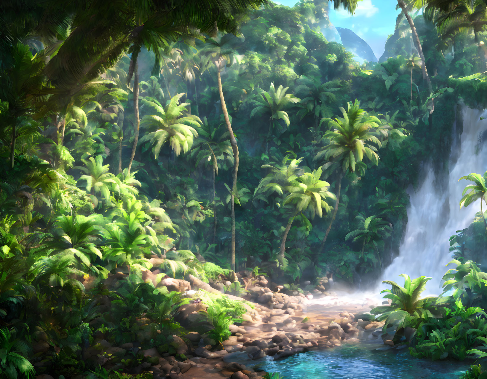 Tropical forest waterfall in lush greenery