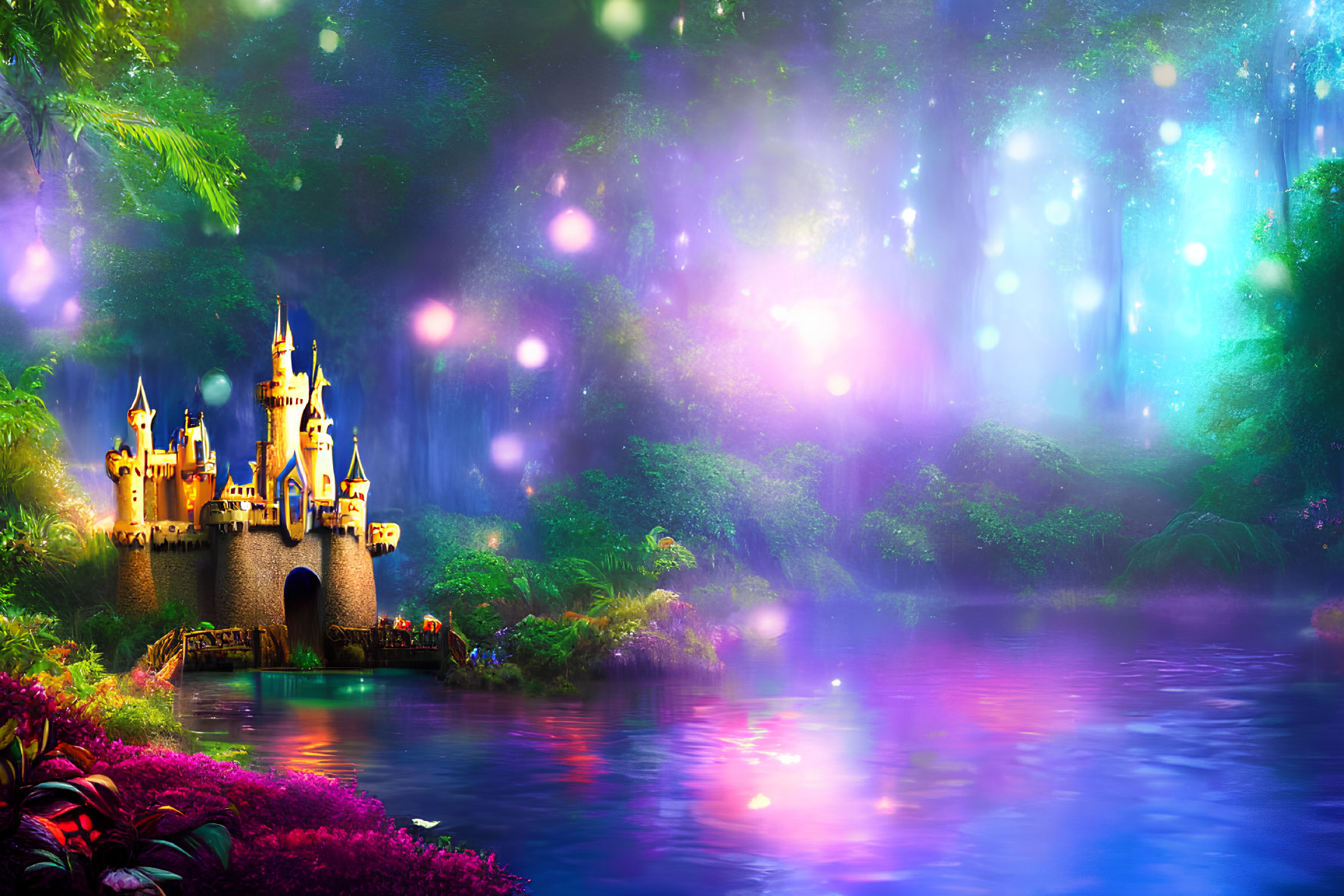 Enchanted landscape with fairy-tale castle, forest, lake, and starry sky