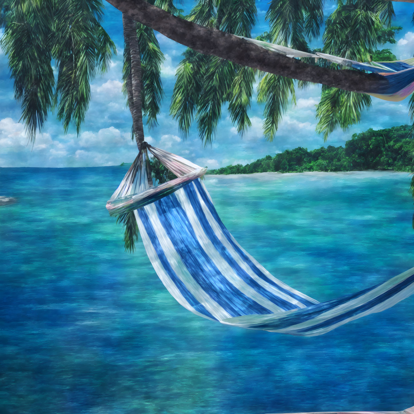 Blue and White Striped Hammock Between Palm Trees by Tranquil Ocean