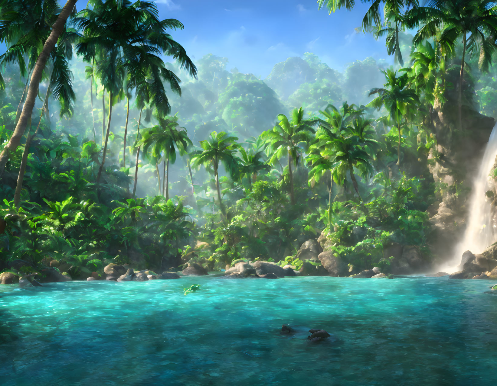 Tranquil Tropical Paradise with Waterfall, Palm Trees, and Blue Waters