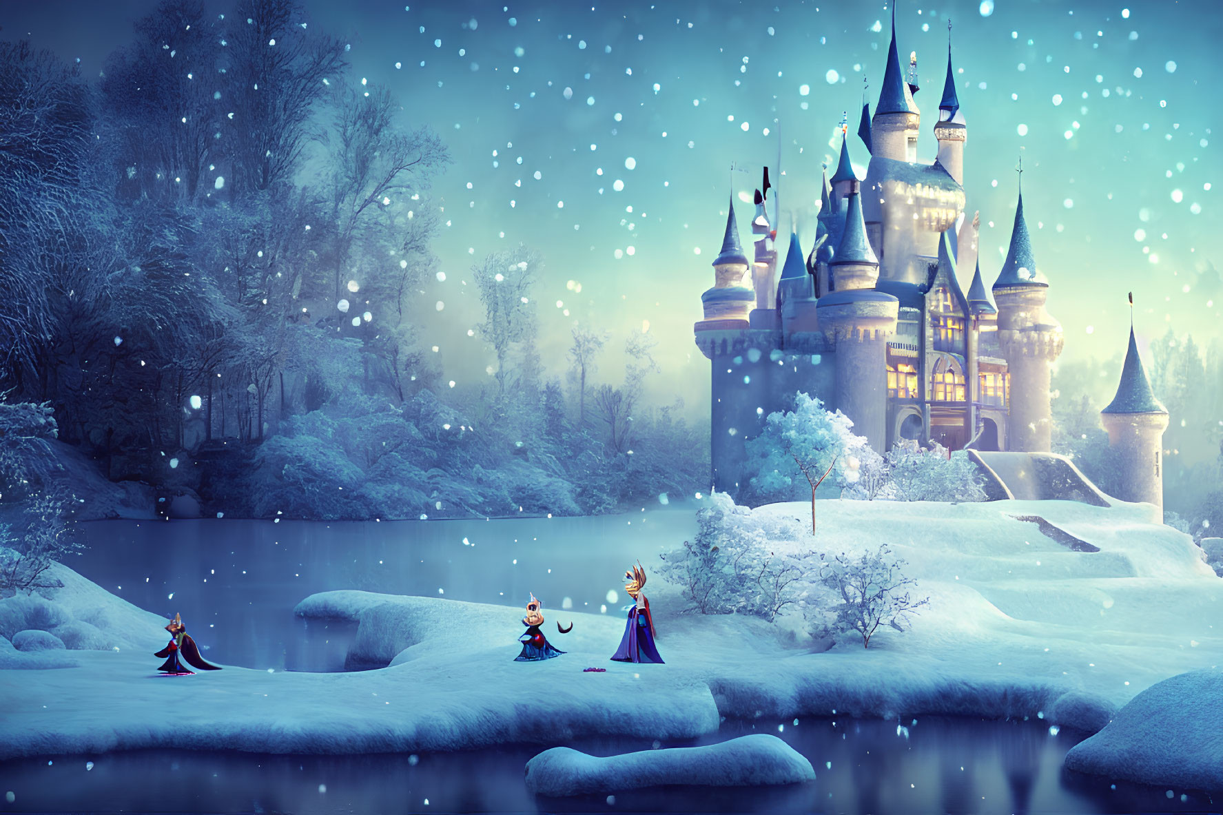 Enchanting castle in snowy winter scene with frozen lake and cloaked characters