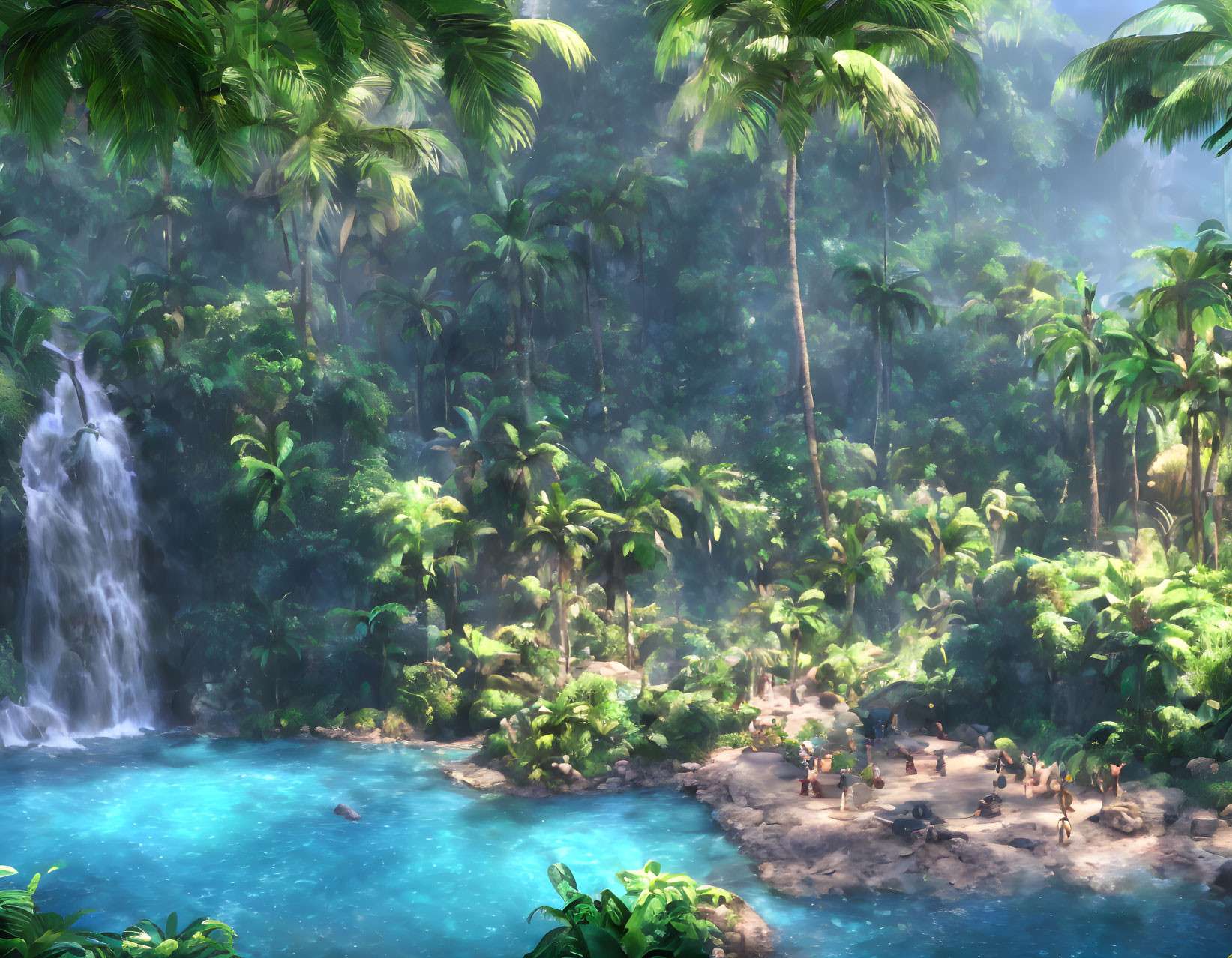 Tranquil Tropical Paradise with Waterfall, Palm Trees, and Lagoon