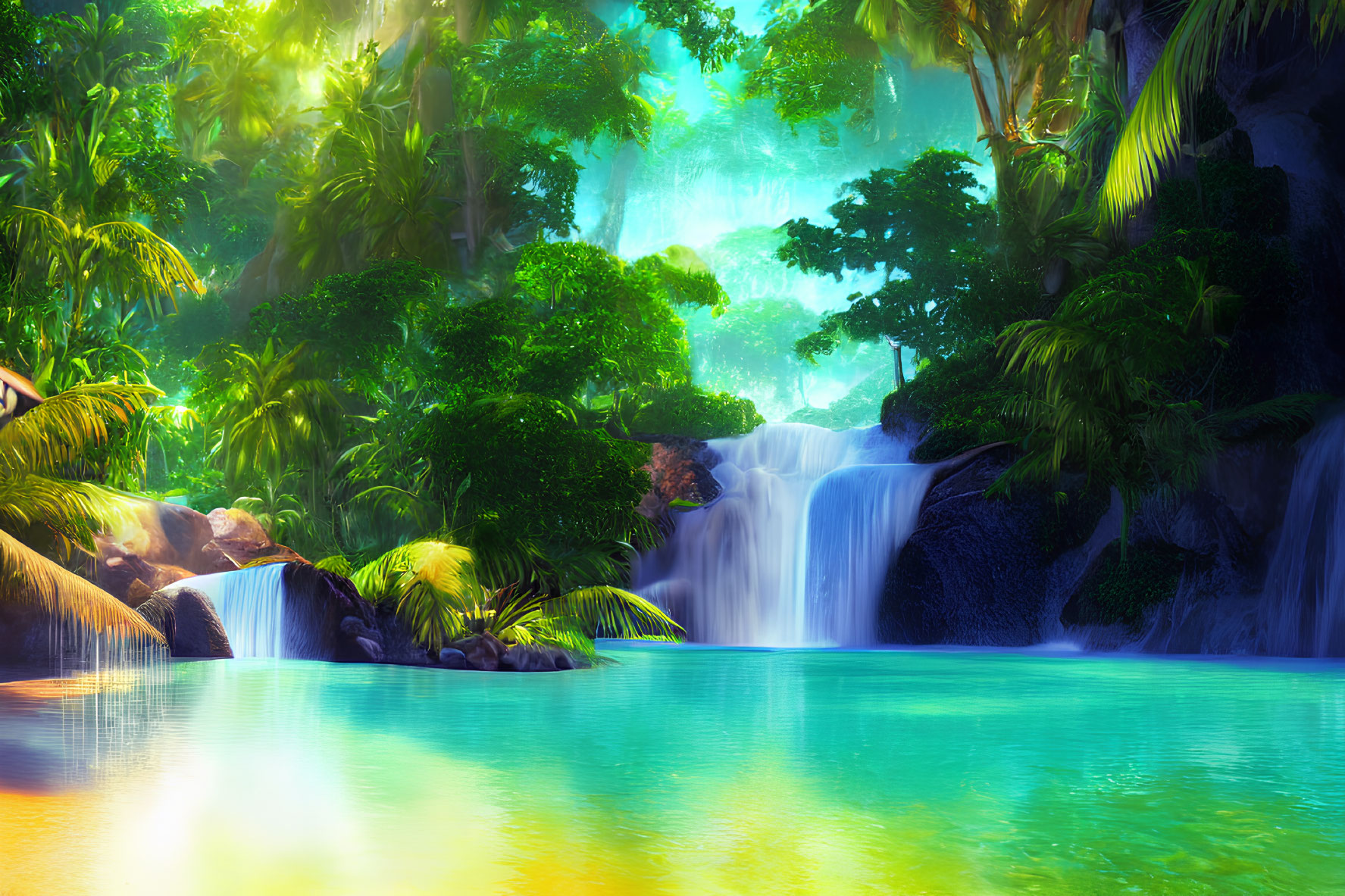 Colorful digital artwork: Tropical waterfall with lush foliage & blue pool