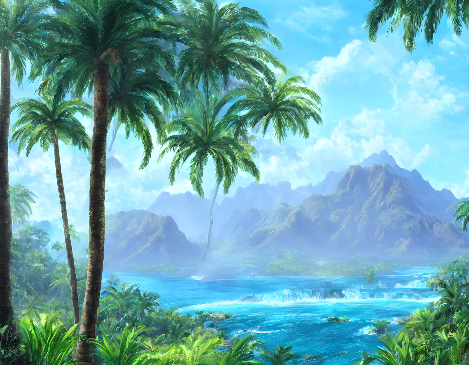 Lush Palm Trees, Blue Waters, Waterfalls, Mountains