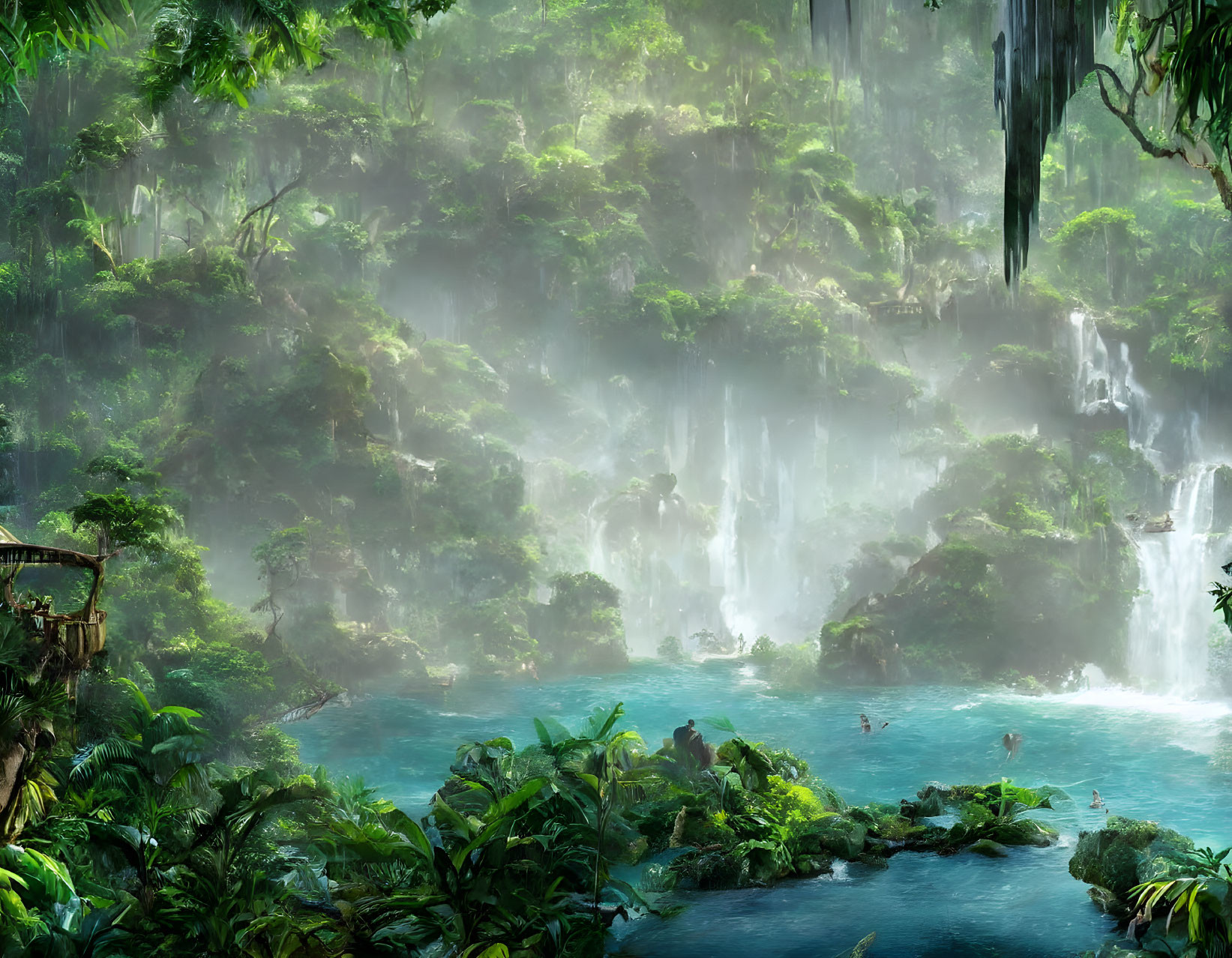 Tropical jungle with waterfalls, mist, and lagoon scene