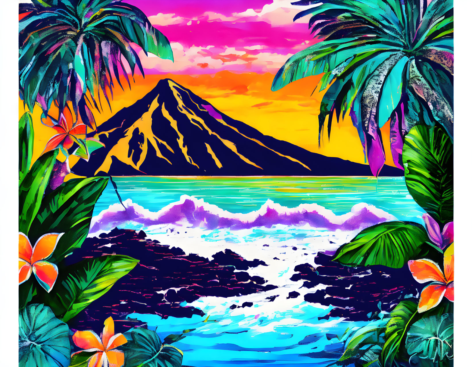 Tropical beach with volcano, palm trees, flowers, colorful sky, and ocean