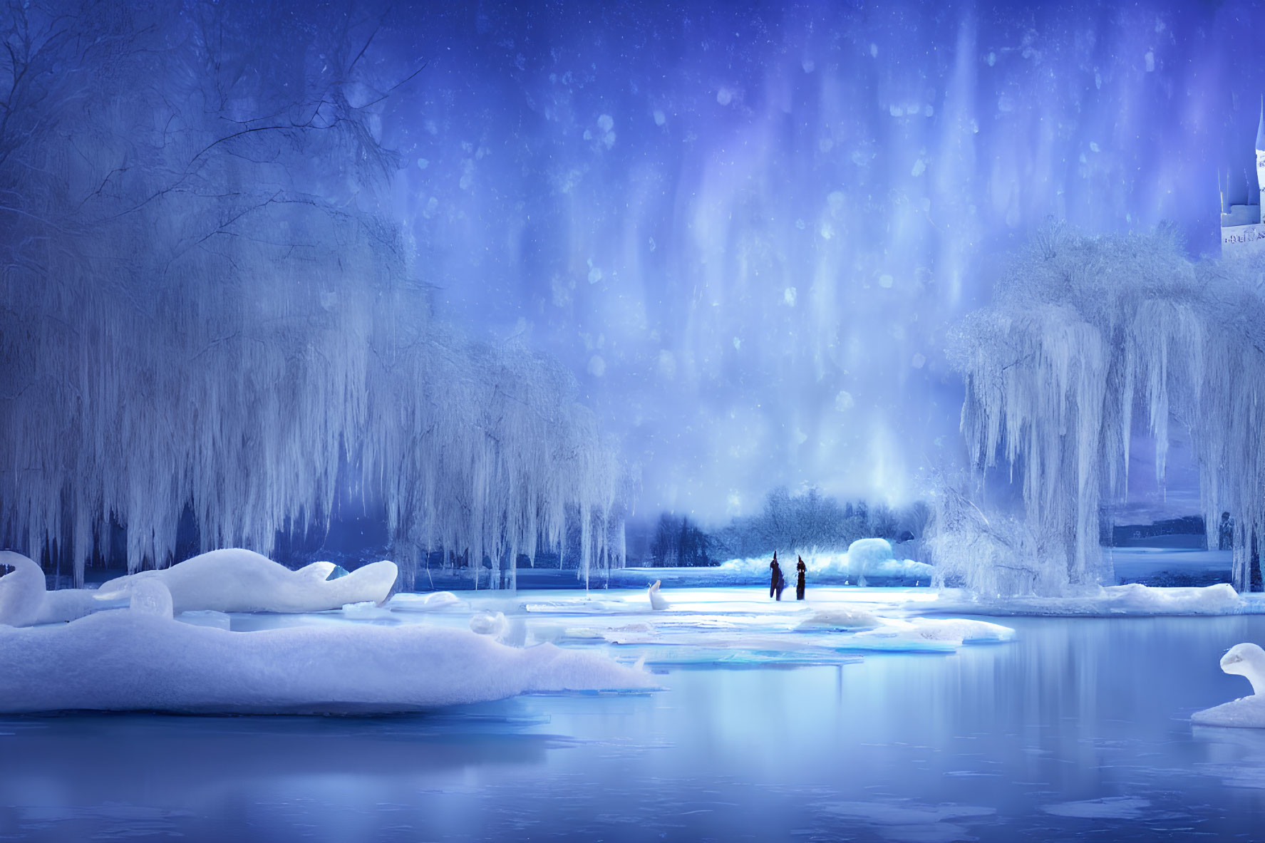 Winter Skating Scene with Silhouetted Figures on Frozen Lake