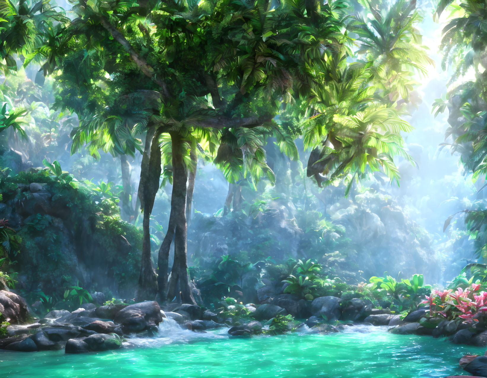 Tranquil Tropical Forest with Sunlight, Stream, and Vibrant Flora