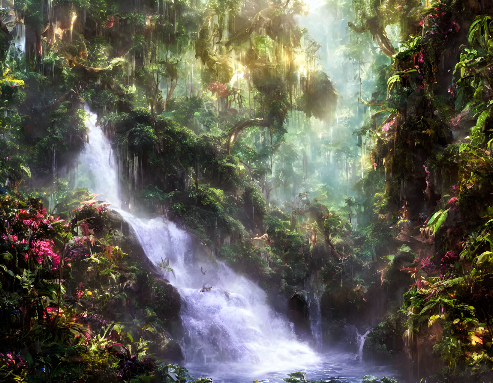 Lush rainforest with waterfall, vibrant flora, and atmospheric light.