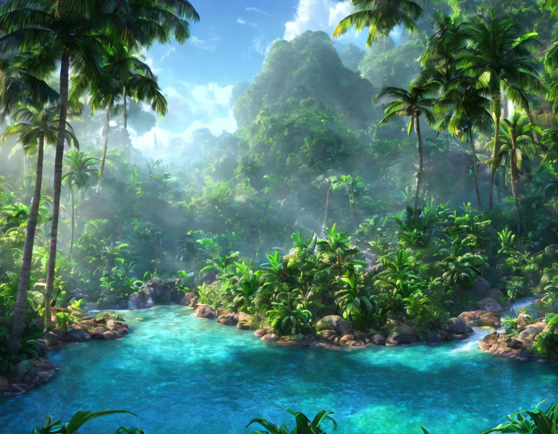 Vibrant tropical jungle with palm trees, blue river, and mist.