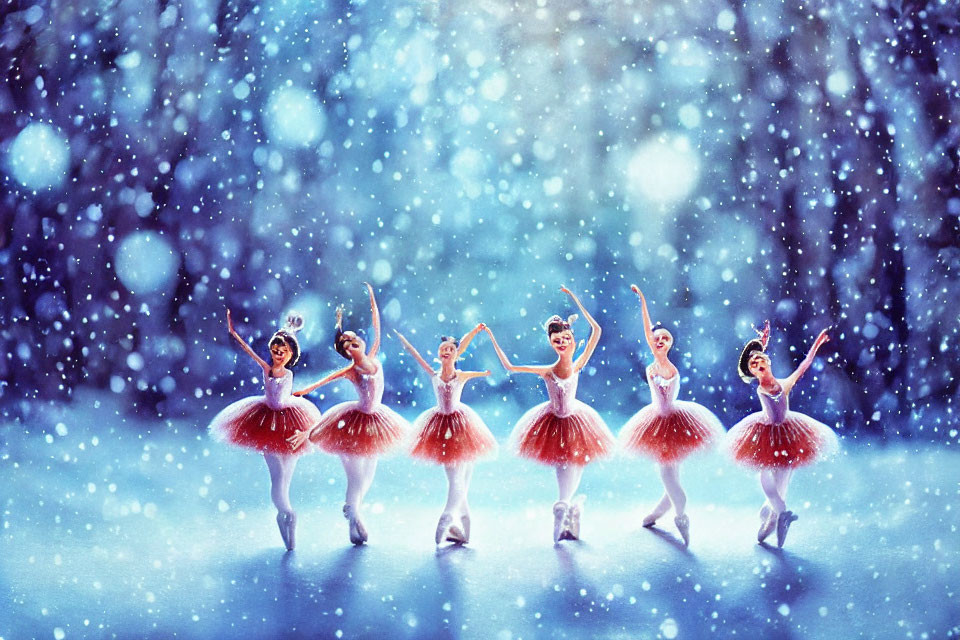 Group of ballerinas in red tutus dancing in snowfall under blue light