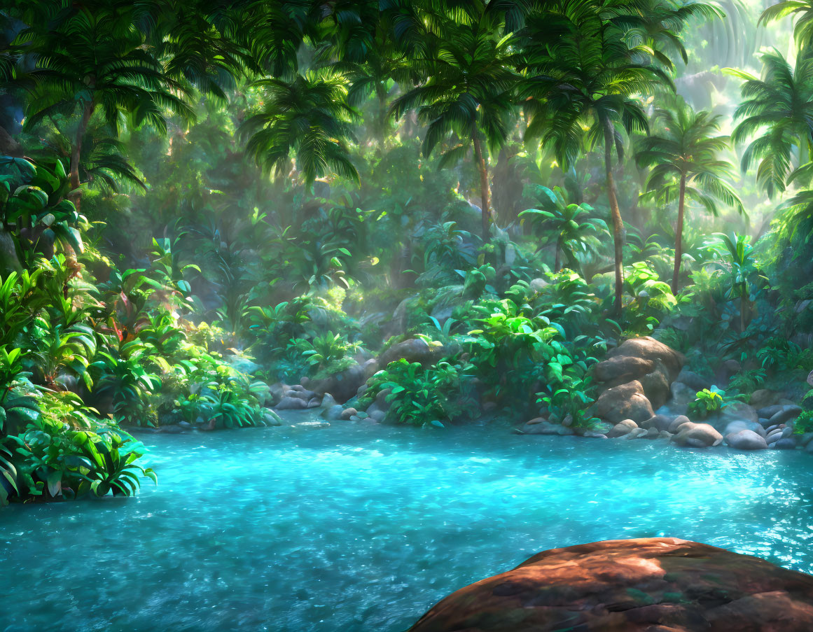 Tranquil tropical landscape with lush greenery, palm trees, and serene blue river