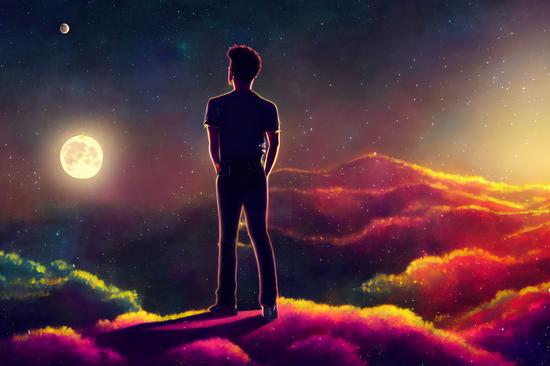 Person admiring vibrant moon and stars in colorful night sky