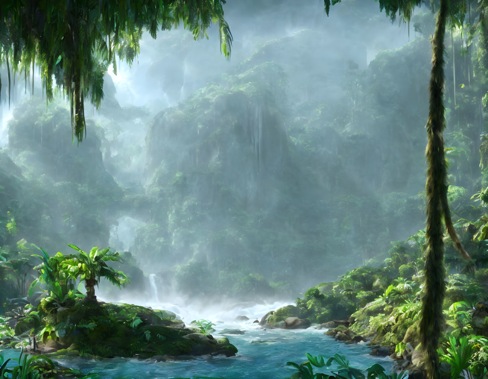 Tranquil tropical rainforest with misty atmosphere and waterfall