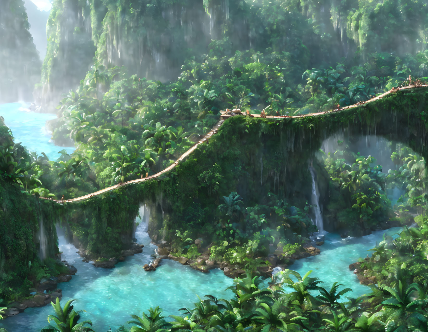 Lush jungle with hanging bridge, river, waterfalls, and greenery