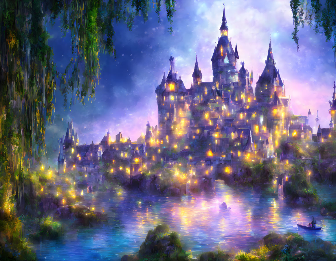 Fantasy castle illuminated at night by serene lake & boat under foliage