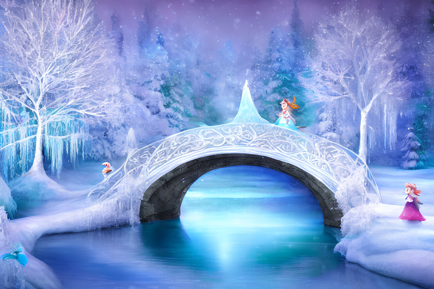 Ornate bridge over frozen river in whimsical winter scene