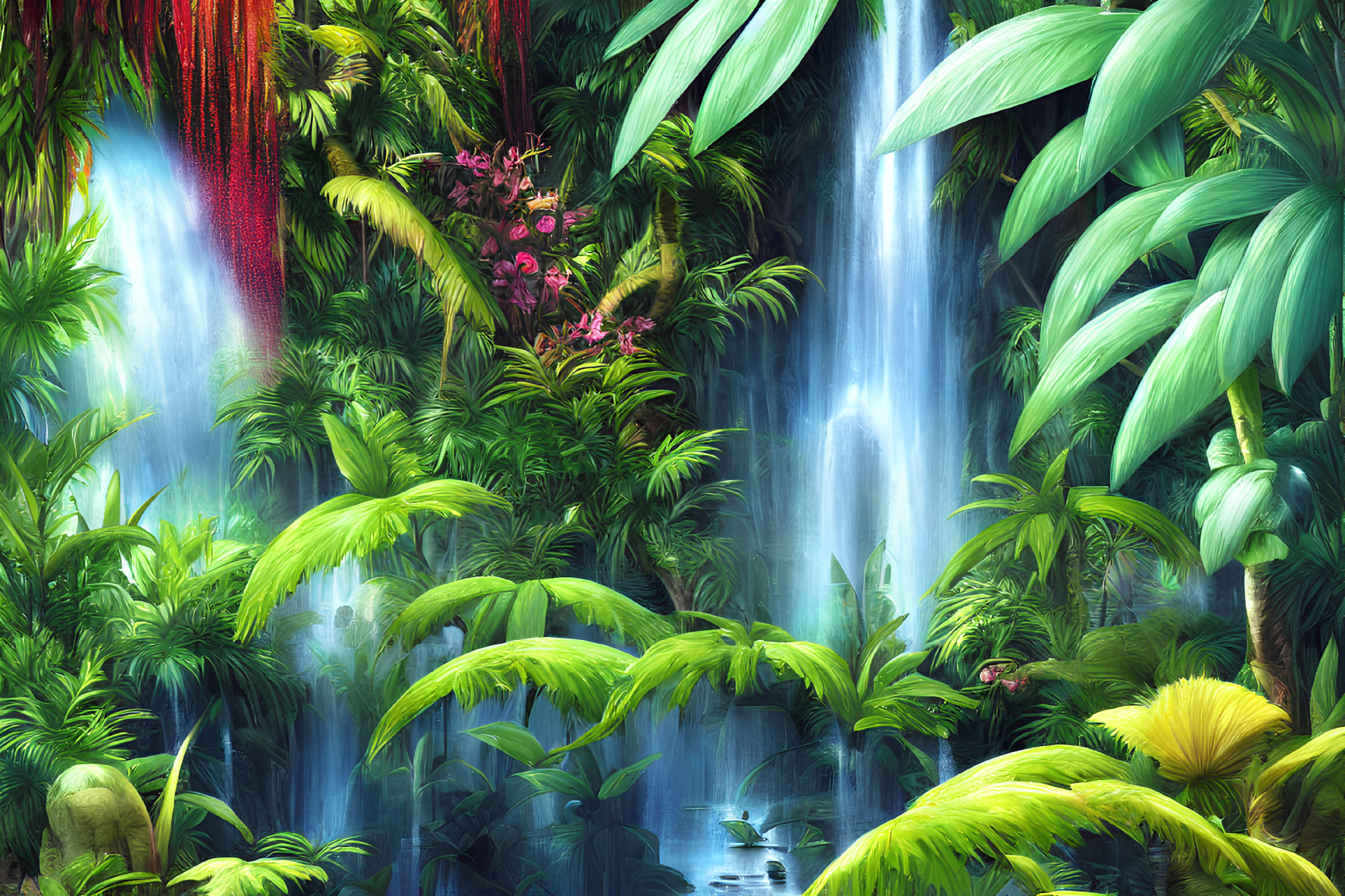 Lush Greenery and Waterfall in Tropical Jungle