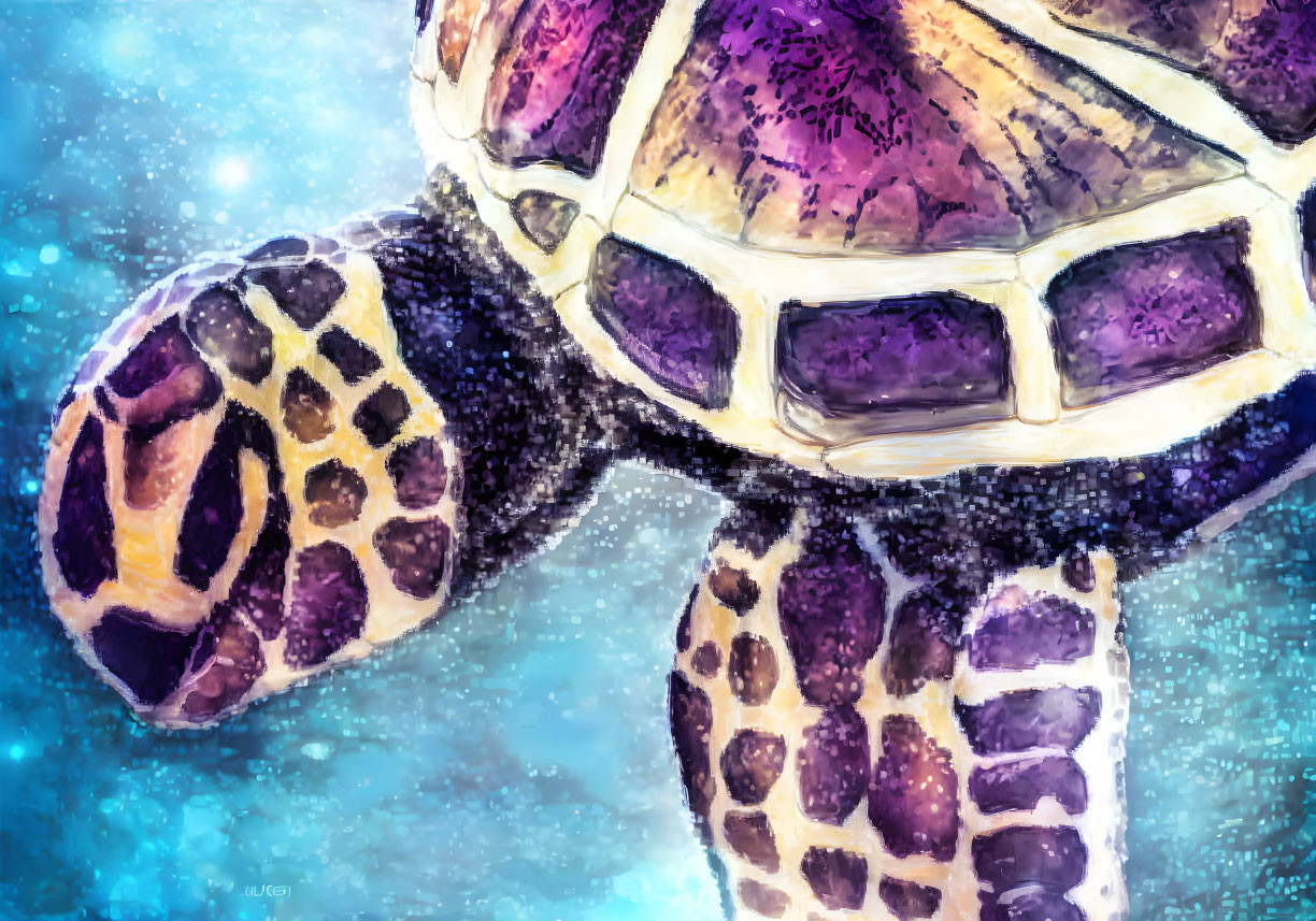 Vibrant sea turtle painting with textured shell and flippers in blue aquatic setting